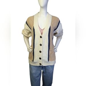 Striped Grandpa Cardigan, Cream Tan Navy, Chunky Knit Pockets, Size M